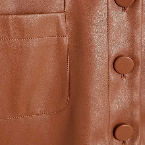 Brown Faux Leather Button Shirt Button