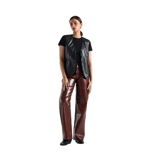 Womens Faux Leather Cropped Waistcoat Front