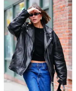 Hailey Bieber NYC 2023 Black Leather Jacket