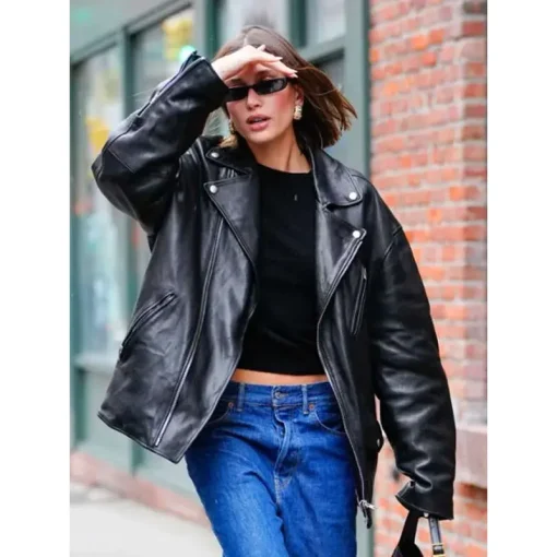 Hailey Bieber NYC 2023 Black Leather Jacket