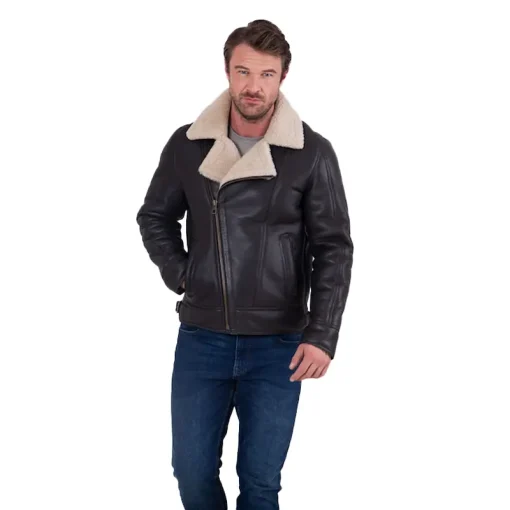 Brown Javelin Sheepskin Asymmetric Zip Aviator Jacket