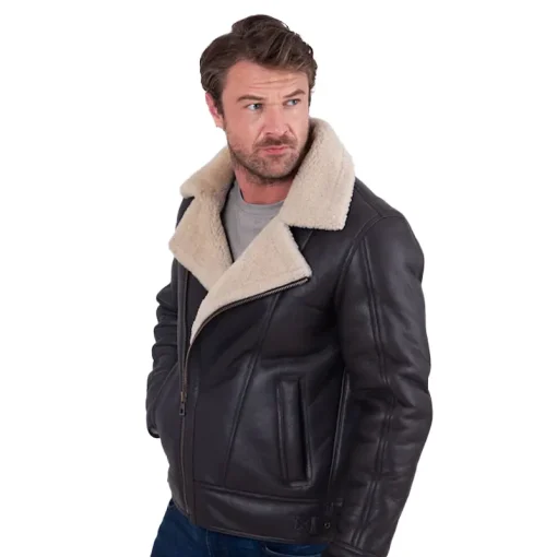 Brown Javelin Sheepskin Asymmetric Zip Aviator Jacket