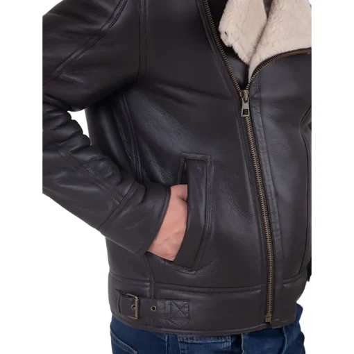 Brown Javelin Sheepskin Asymmetric Zip Aviator Jacket