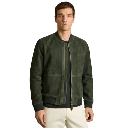 Reiss Block Leather-Sleeve Suede Brick Bomber Jacket