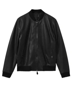 Reiss Black Cast Grained Leather Bomber Jacket