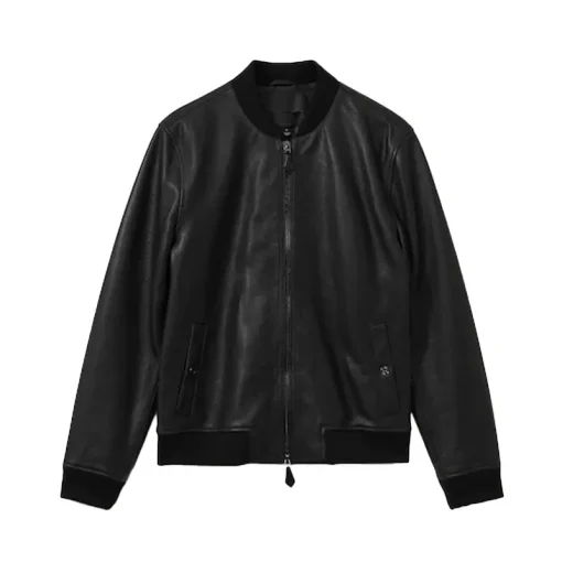 Reiss Black Cast Grained Leather Bomber Jacket
