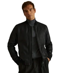 Reiss Black Cast Grained Leather Bomber Jacket