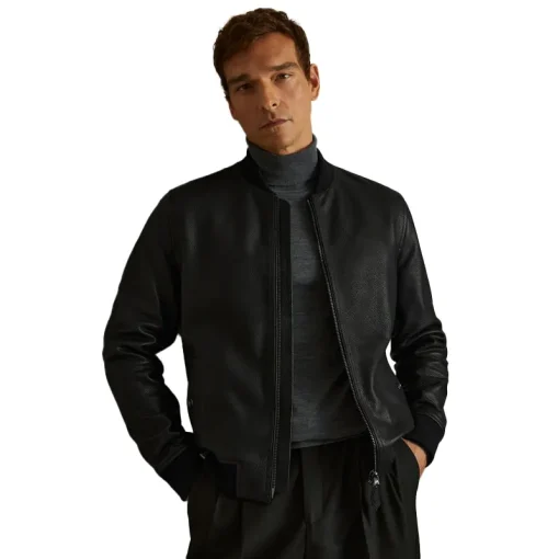 Reiss Black Cast Grained Leather Bomber Jacket