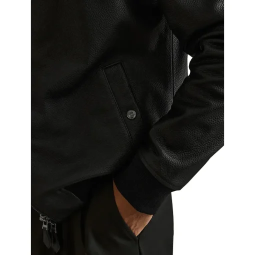 Reiss Black Cast Grained Leather Bomber Jacket