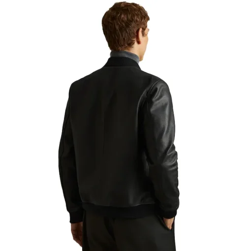 Reiss Black Cast Grained Leather Bomber Jacket
