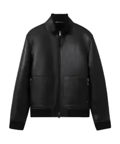 Men's Reiss Black Curtis Shearling Lined Leather Jacket