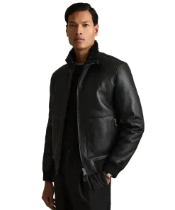 Men's Reiss Black Curtis Shearling Lined Leather Jacket