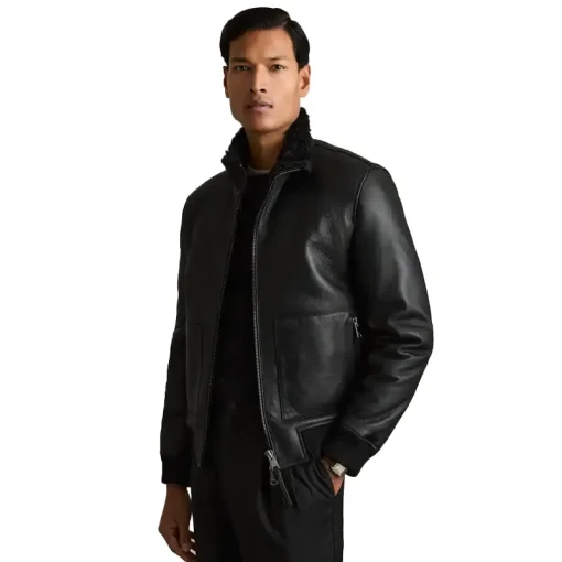 Men's Reiss Black Curtis Shearling Lined Leather Jacket