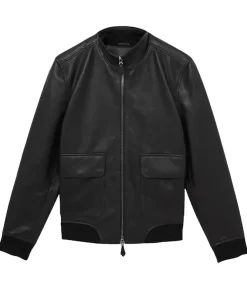 Reiss Black Reed Pebbled-Leather Funnel-Neck Jacket
