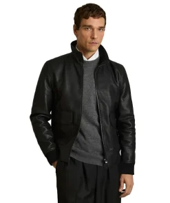Reiss Black Reed Pebbled-Leather Funnel-Neck Jacket