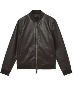 Reiss Brown Cast Leather Bomber Jacket