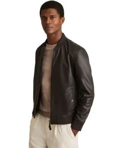 Reiss Brown Cast Leather Bomber Jacket