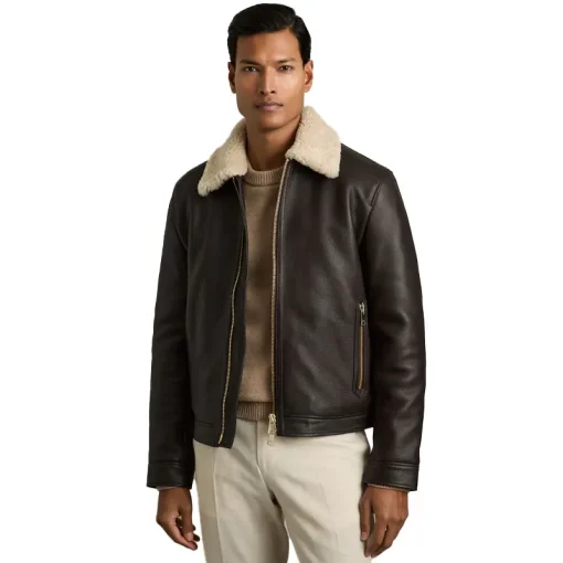Men's Shetland Shearling-Collar Leather Jacket