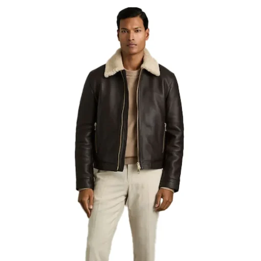 Men's Shetland Shearling-Collar Leather Jacket