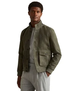 Reiss Light Khaki Green Roland Suede Harrington Jacket