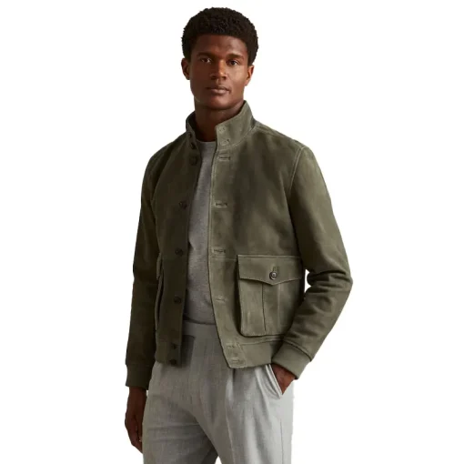 Reiss Light Khaki Green Roland Suede Harrington Jacket