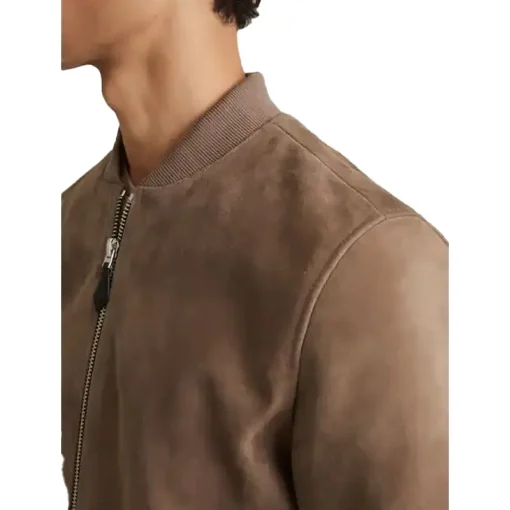 Reiss Block Leather-Sleeve Suede Brick Bomber Jacket