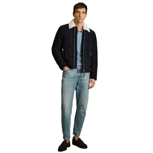 Reiss Navy Sandon Suede Shearling-Collar Jacket