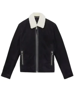 Reiss Navy Sandon Suede Shearling-Collar Jacket