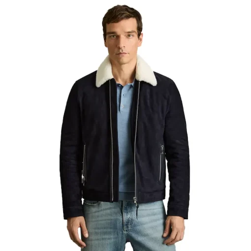 Reiss Navy Sandon Suede Shearling-Collar Jacket
