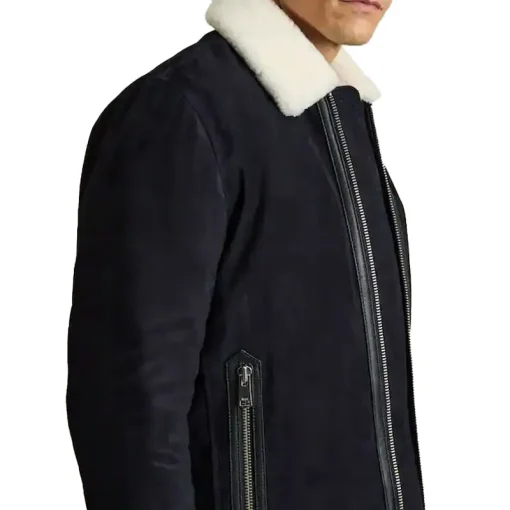 Reiss Navy Sandon Suede Shearling-Collar Jacket