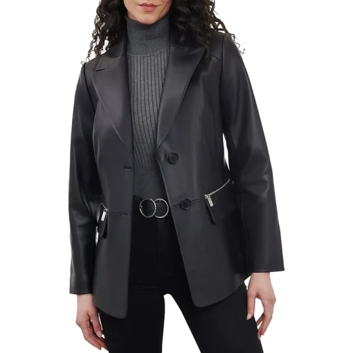 Women’s Fitted Black Leather Blazer Coat