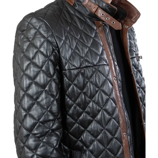 Mens High Neck Quilted Leather Car Coat