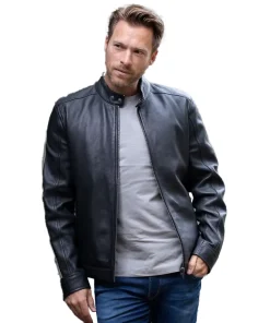 Morton Contrast Stripe Stand Collar Biker Leather Jacket