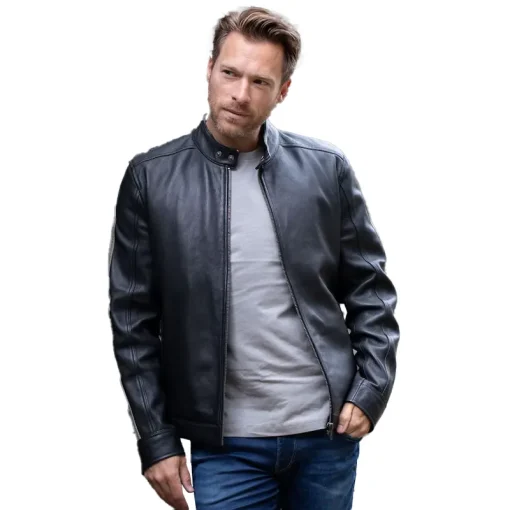 Morton Contrast Stripe Stand Collar Biker Leather Jacket