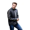 Morton Contrast Stripe Stand Collar Biker Leather Jacket