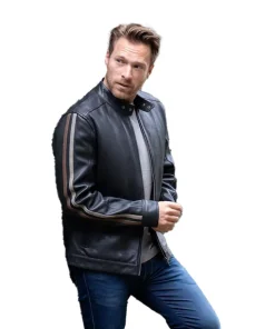 Morton Contrast Stripe Stand Collar Biker Leather Jacket