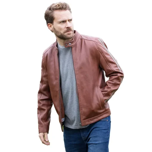 Morton Contrast Stripe Stand Collar Biker Leather Jacket