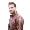 Morton Contrast Stripe Stand Collar Biker Leather Jacket