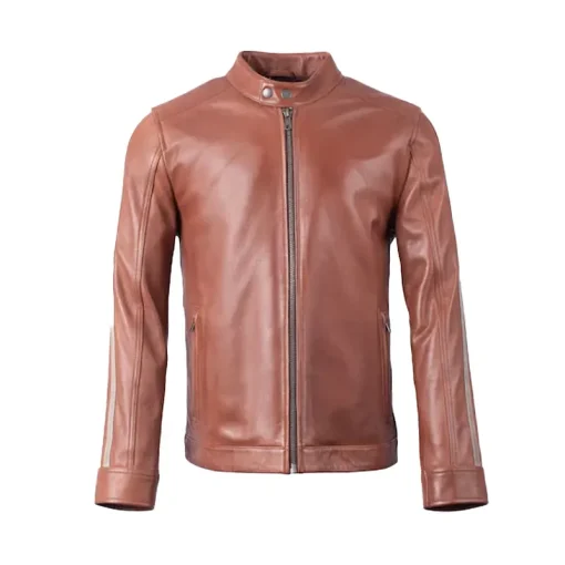 Morton Contrast Stripe Stand Collar Biker Leather Jacket