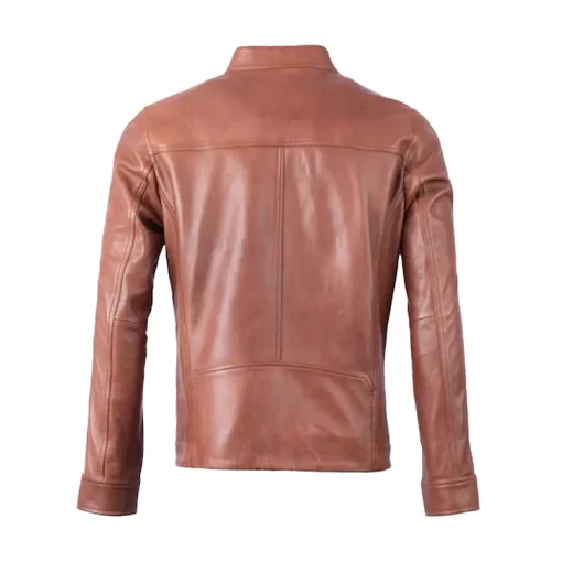 Morton Contrast Stripe Stand Collar Biker Leather Jacket - Image 10