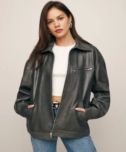 Quince Leather Oversized Bomber Jacket black