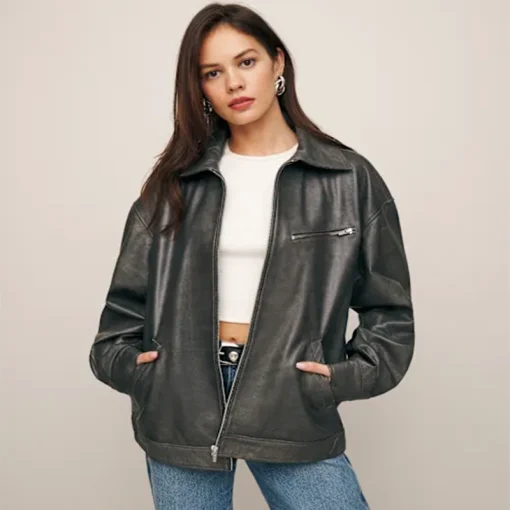 Quince Leather Oversized Bomber Jacket black