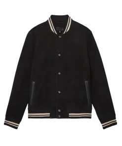 Reiss Navy Banridge Suede Stripe-Trim Bomber Jacket