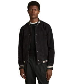 Reiss Navy Banridge Suede Stripe-Trim Bomber Jacket
