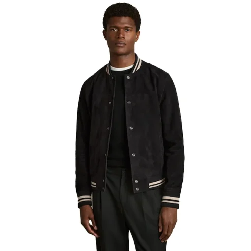 Reiss Navy Banridge Suede Stripe-Trim Bomber Jacket