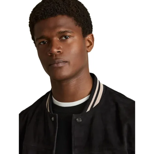 Reiss Navy Banridge Suede Stripe-Trim Bomber Jacket