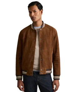 Reiss Terracotta Banridge Suede Stripe-Trim Bomber Jacket
