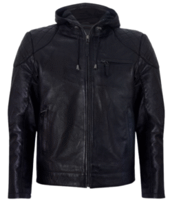 Men’s Black Leather Hoodie Jacket with Quilted Shoulder Design