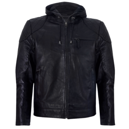 Men’s Black Leather Hoodie Jacket with Quilted Shoulder Design