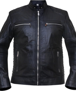 Black Leather Biker Jacket with Quilted Detailing